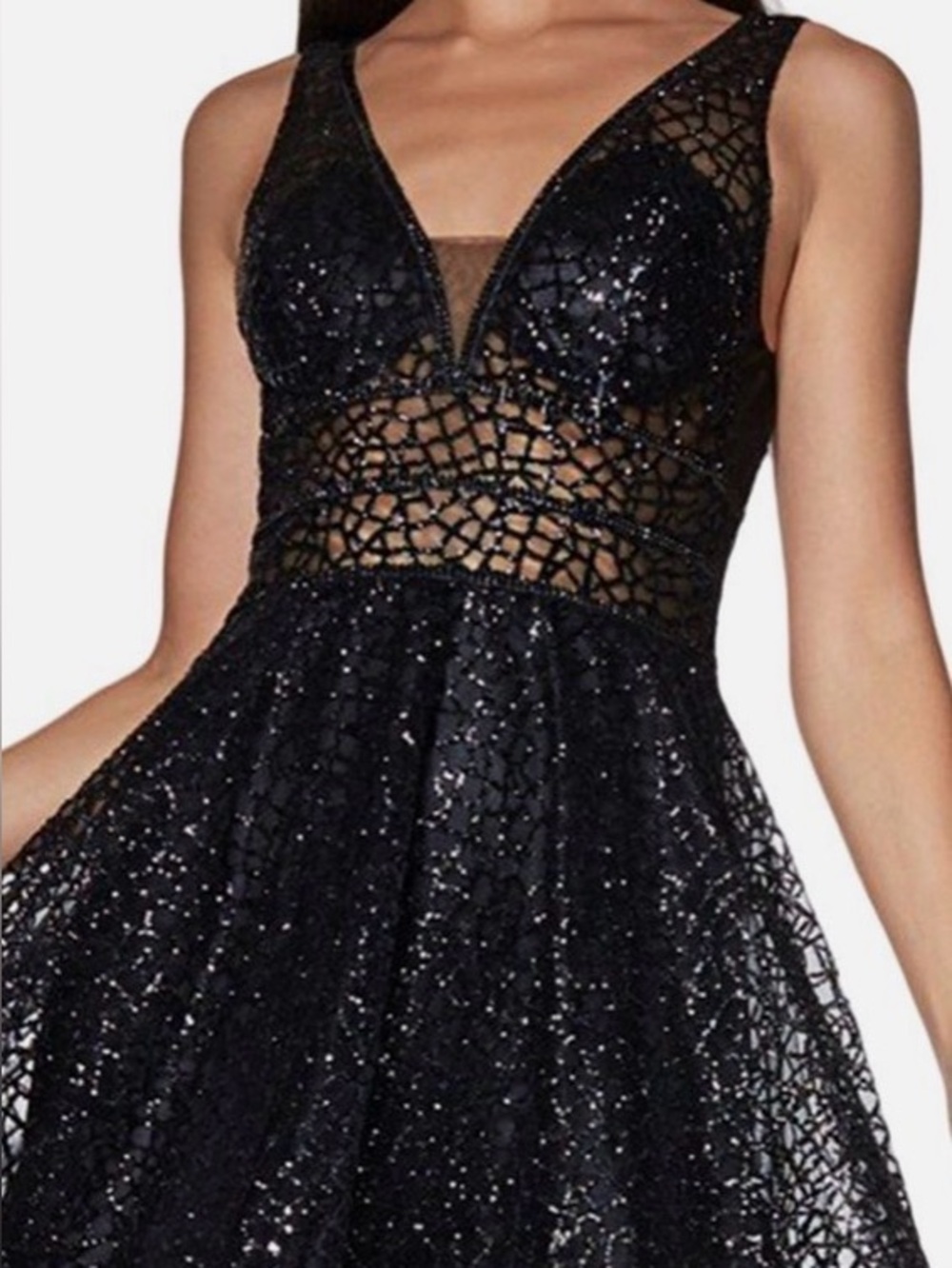 Black Lace shiny V-Neck Sleeveless Formal Evening Gown Dress Polyester
